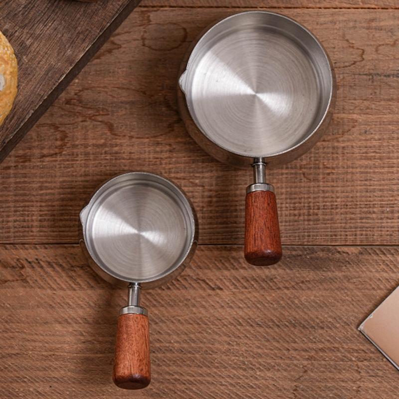 Stainless Steel Pouring Cups With Wooden Handle Stackable Dip Saucers For Heating Butter And Preparing Coffee