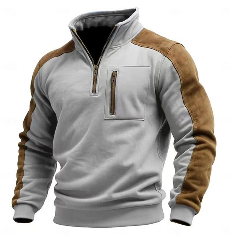 Fall Winter Outdoor Casual Sweatshirt Men Fashion Suede Long Sleeve Patchwork Hoodie Top Mens Vintage Zipper Stand Collar Pullovers
