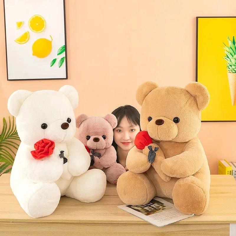 Kawaii Teddy Bear With Roses Plush Toy Soft Bear Stuffed Doll Romantic Gift For Lover Home Decor Valentine'S Day Gifts For Girls