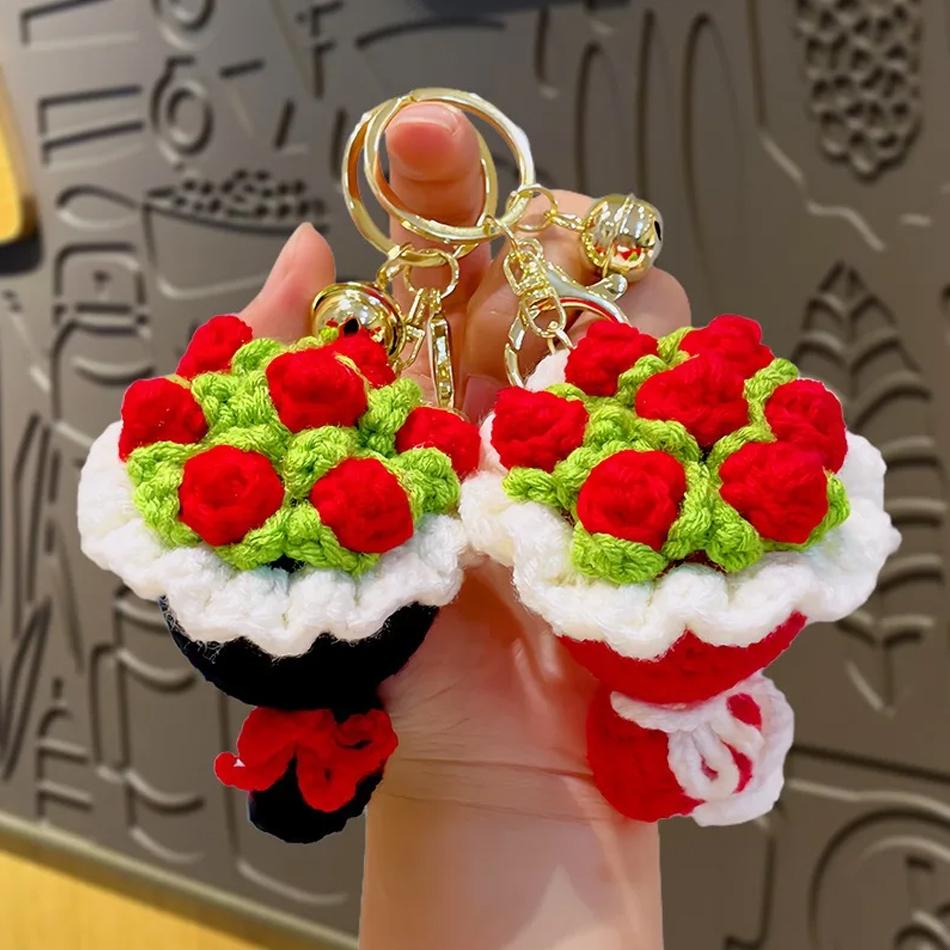 Cute Crochet Flowers Handmade Knitted Crochet Bouquet Keychain Ring Bag Hanging Pendant Ornament for Like Friend Gift