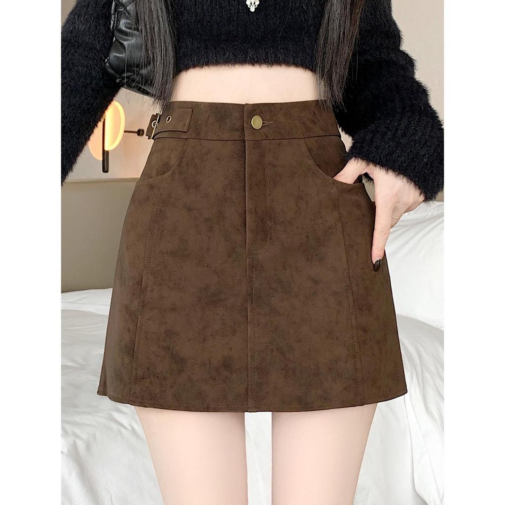 Plus-size Coffee Deer Suede High Waist A-line Mini Skirt for Women - Spring/Autumn, Anti-exposure, Slimming, Hip-hugging Fit