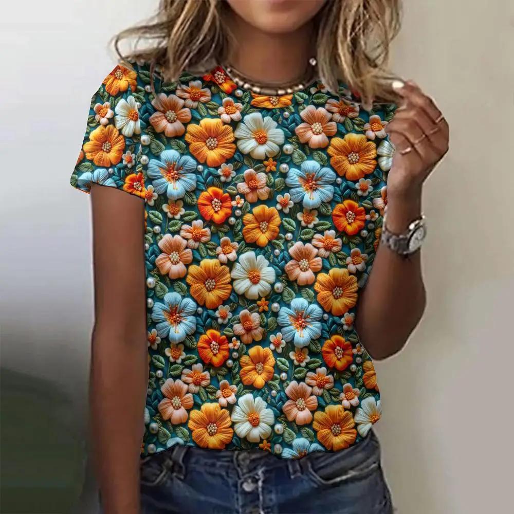 Flower T-shirt 3D printed women's short sleeved T-shirt casual O-collar streetwear Y2k Harajuku T-shirt women's clothing