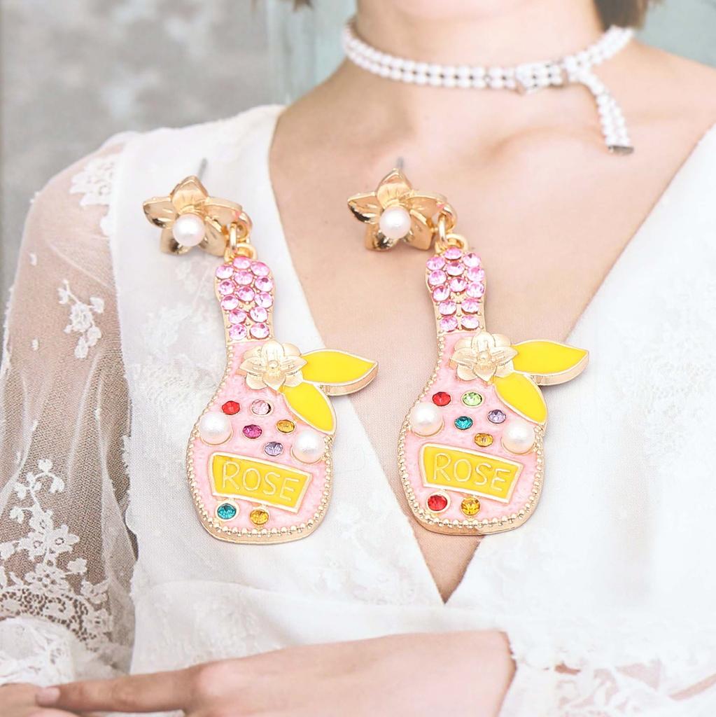 New Fashion Light Luxury Personality Temperament Creative Wine Bottle Oil Dripping Alloy Inlaid with Colored Diamonds Earrings