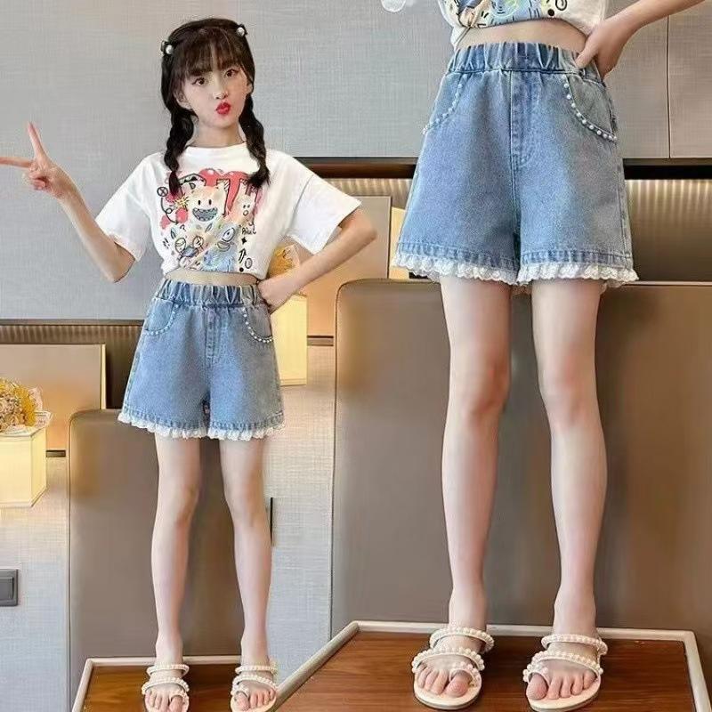 Pantaloncini di jeans ricamati da bambina, estivi, all-match