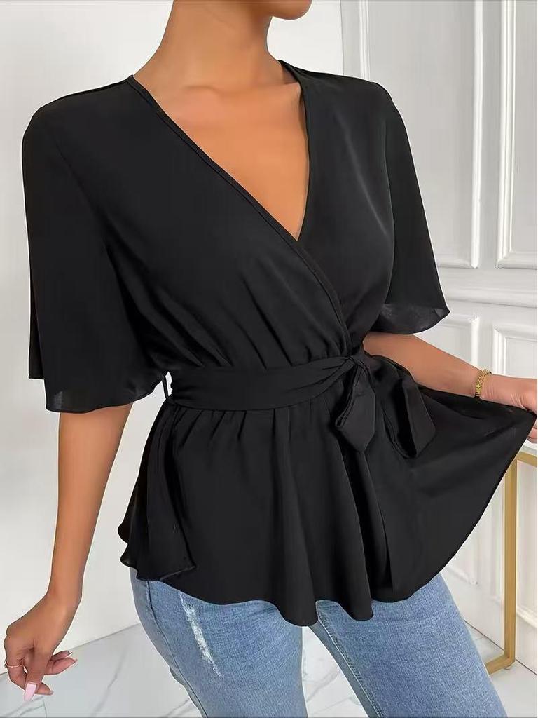 European & American Hot Selling Solid Color Elastic Waist Flare Sleeve Women's Summer Top