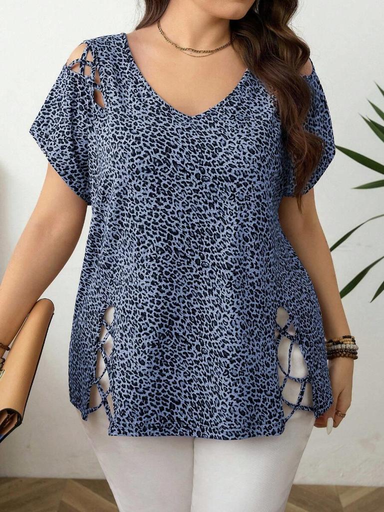 Plus Size Leopard Print V-neck Short Sleeve Loose Women's T-shirt (European & American Fashion)