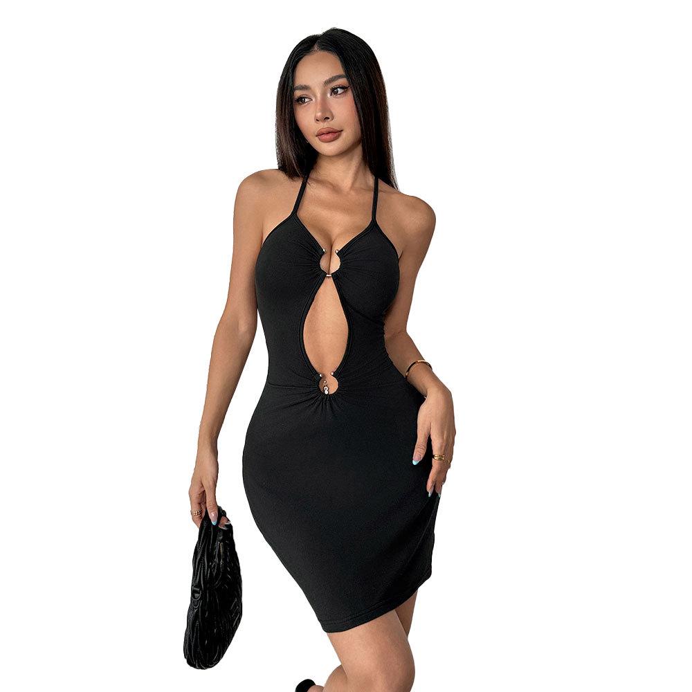 Women's European & American Style Sexy Halter Dress - 2025 Summer Backless Lace-up High Waist Short Skirt