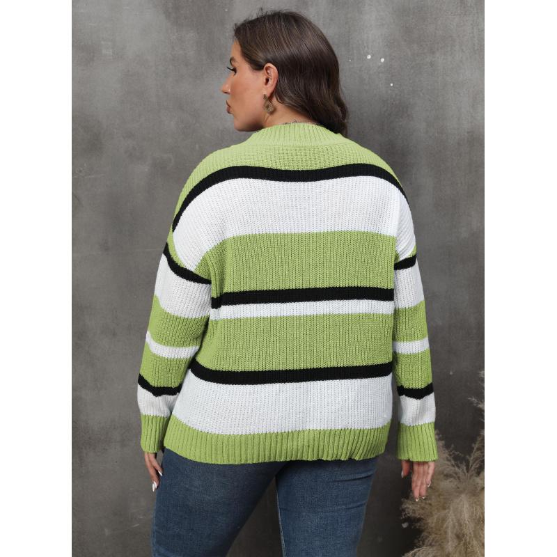 Women's Pullover Sweater Plus Size Women's Fashion European and American Style Autumn Winter New V-neck Color Block Fashion Sweater