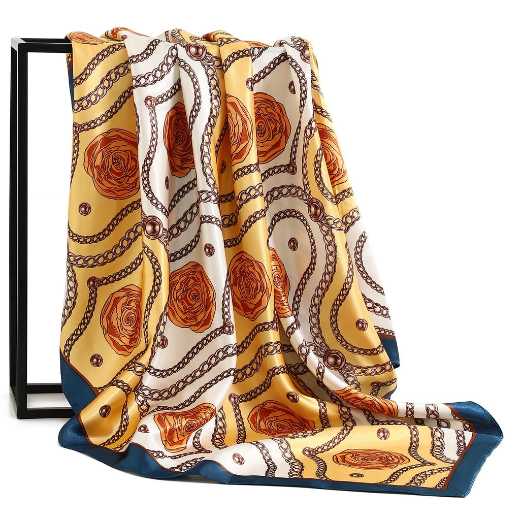 Luxury Brand Summer Kerchief Fashion Foulard Satin Headcloth Women print 90X90CM Bandanna, 1 piece of 35.4 inches Square Shawls,