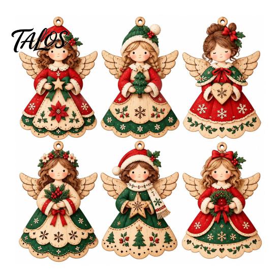 Indoor Christmas Window Decorations 6Pcs Wooden Angel Ornaments, 2D Flat Hanging Ornaments with Hemp Rope, Rustic Home Decor Retro Pendants