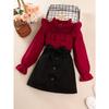Big girls long-sleeved + skirt fashion suit, autumn thin top with fungus edge decoration and see-through neckline, long-sleeved belt, horn cuffs