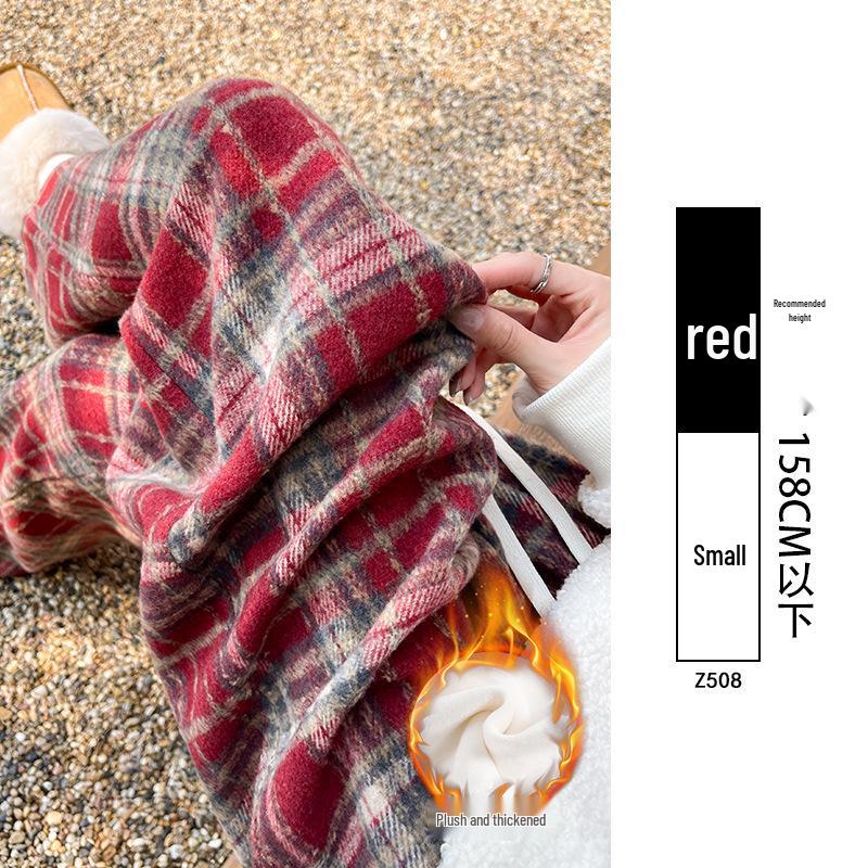 Women's Plaid Velvet-Lined Wide-Leg Pants - Autumn/Winter 2025 Retro Style
