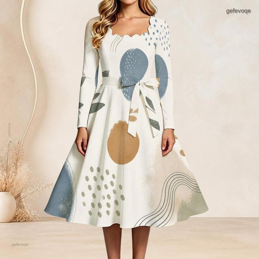 Womens Plus Size Square Neck Long Sleeve Abstract Botanical Printed Belted A Line Dress