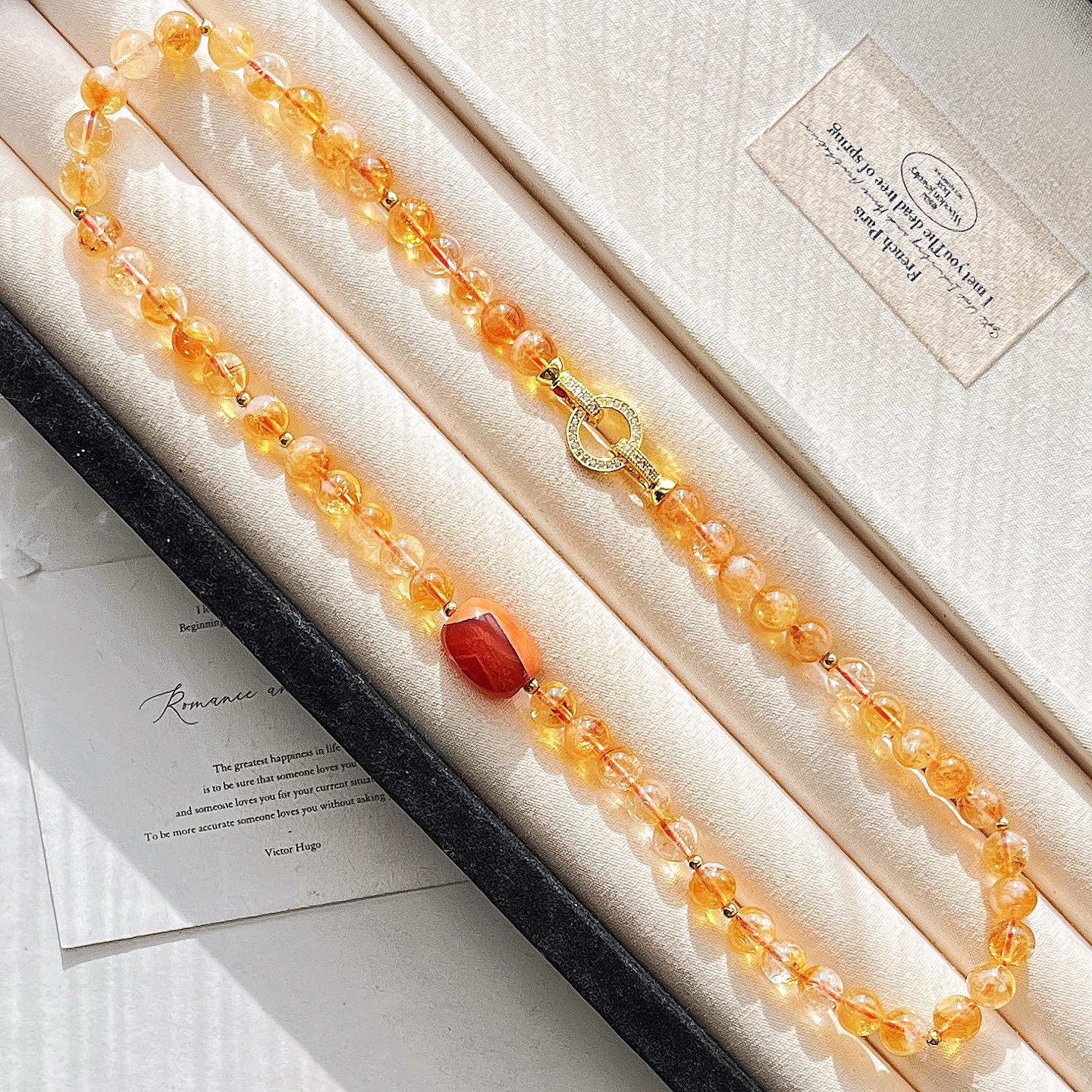 10Mm Vintage High Quality Maillard Natural Citrine Design Sweater Chain Necklace Collarbone Chain Women