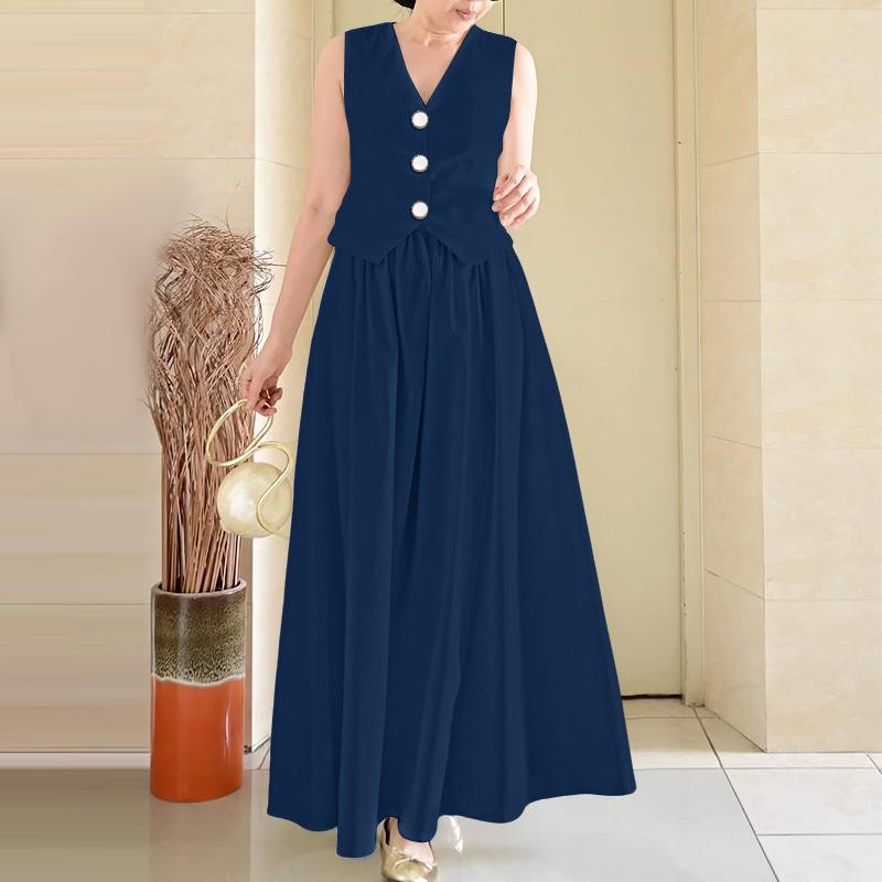 

ZANZEA Women Sleeveless Tank Tops and Long Skirts Casual Two Piece Suit Sets 4XL тёмно-синий
