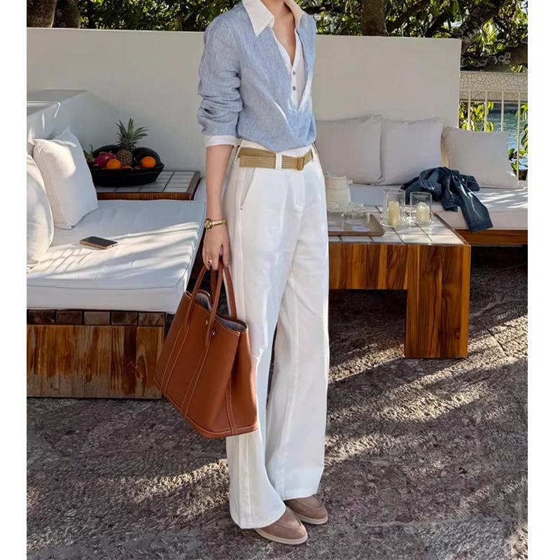 Elegant Korean-Style Spring Outfit: Striped Shirt and Pants Set for Women - Luxurious and Stylish. S