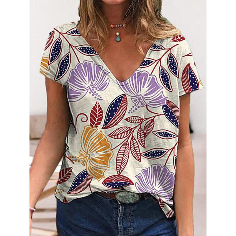 Summer V-neck 3D Flower Printed Top Fashionable Casual Short Sleeved Women's T-shirts