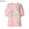 ZANZEA Blusa da donna casual con scollo rotondo, stampa floreale, manica corta larga
