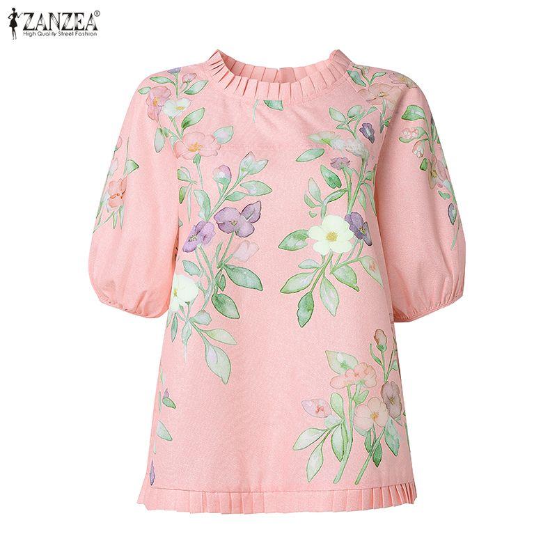 ZANZEA Blusa da donna casual con scollo rotondo, stampa floreale, manica corta larga