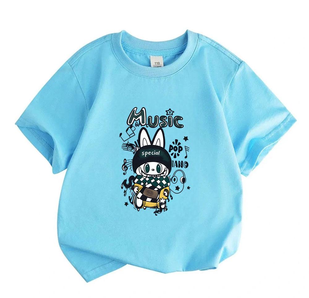 Kids Boys Girls 100% Cotton Crew Neck Short Sleeve T-Shirt, Cute Music Themed Cartoon Rabbit Print Casual Soft Breathable Tee for Daily Wear Music Lov