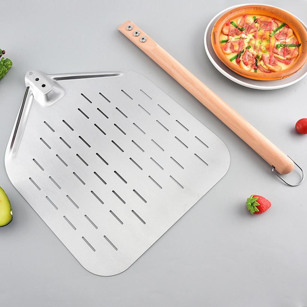 Perforated Pizza Peel 12 Inch Stainless Steel Perforated Oven Turning Tool Pizza Spatula Paddle with Wooden Handle for Kitchen