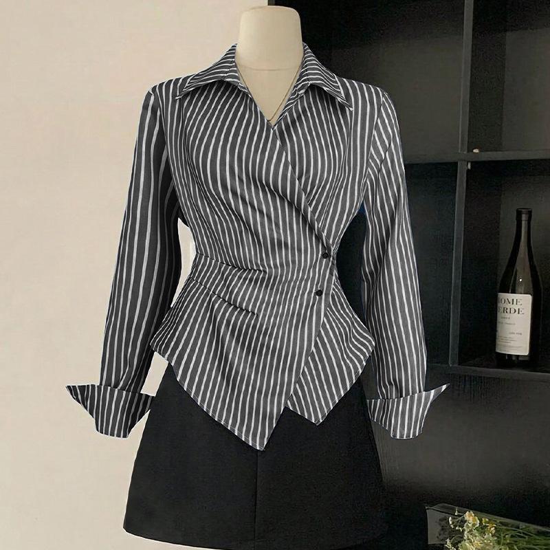 

Autumn Temperament Striped Long Sleeved Cardigan Irregular Women s Shirts XL чёрный