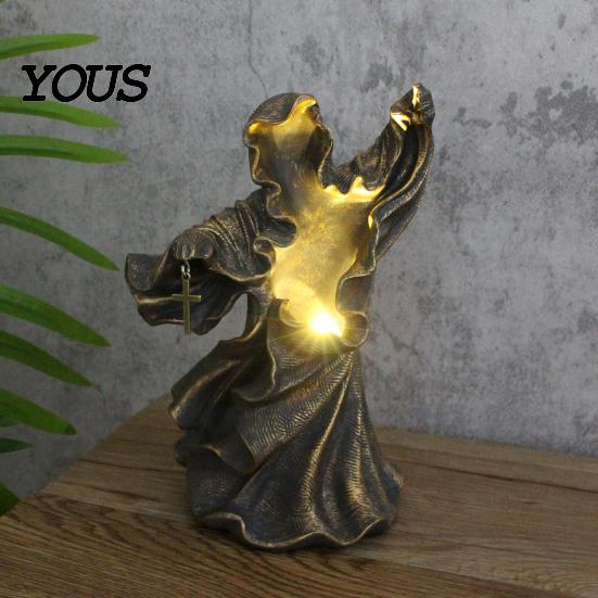 Artistic Nighttime Lighting Resin Gothic Halloween Statue, Spooky Tabletop Ghost Decoration with Light, Waterproof Garden Statue Mysterious