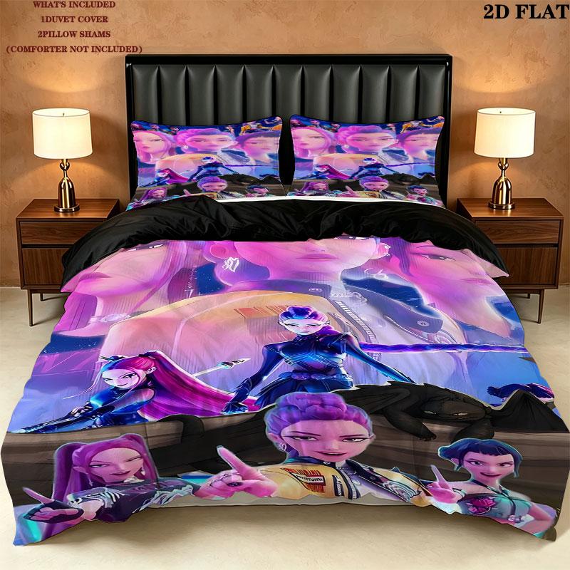 Kpop Demon Hunters Pattern Bedding Quilt Set Quilt Cover Pillowcase Home Birthday Gift(1 * duvet cover + 2 * pillowcase, without core)
