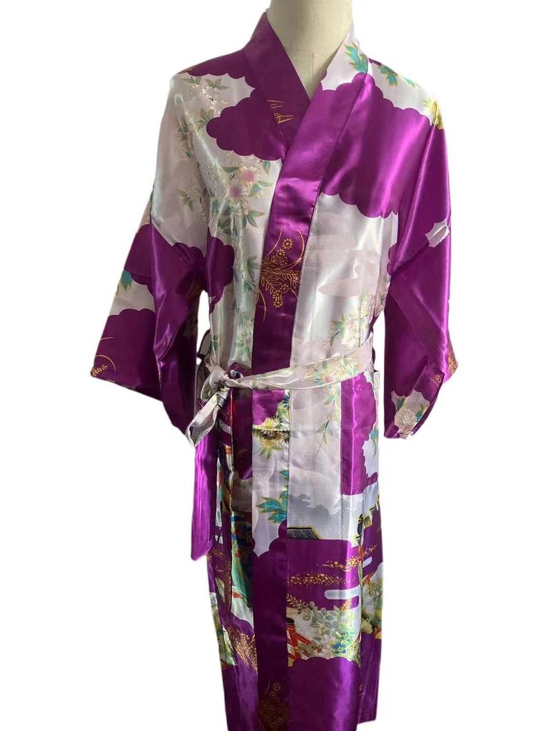Εξαιρετικά Μακρύ Γυναικείο Μεταξωτό Ρόμπα Γκέισας σε Φλοράλ Σατέν Σχέδιο