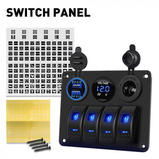4 Gang Blue LED Rocker Switch Panel Circuit Breaker Waterproof Car Marine Boat A