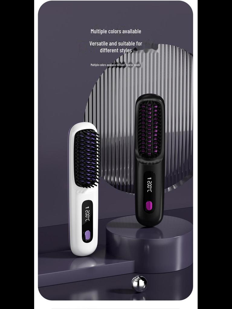 Pente alisador de cabelo portátil sem fio - Anti-queimaduras, visor LCD, modelagem duradoura, suave para os cabelos, ideal para franjas com fivela interna