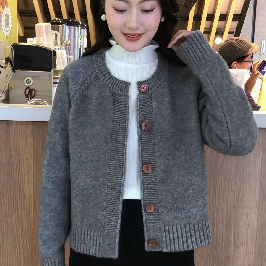 

Корейский Простой Кардиган Крупной Вязки с Круглым Вырезом - Женское Осенне-Зимнее Свободное Мягкое Пальто-Свитер One Size серый