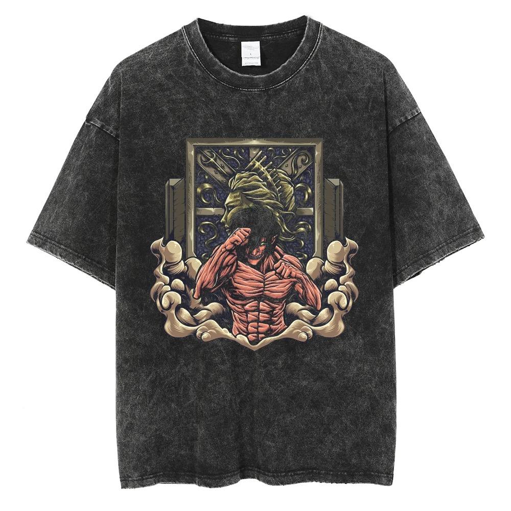 Hotblood Anima Attack on Titan Graphic Print TShirt Men Women Harajuku Vintage Washed Cotton Solf Summer New Tee Oversized Top
