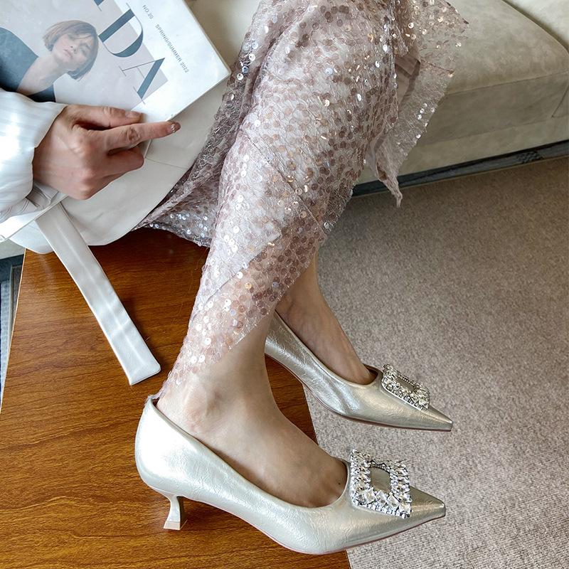G460-6 pointed single shoes women's 2025 new autumn shallow mouth ladyshoes square buckle rhinestone Mary Jane stiletto high heels