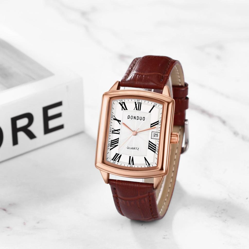 Square Watch with 3ATM Water Roman PU Leather Quartz Casual and Business Simple and Stylish Fashion Accessory Perfect Gift for and Day Men's Calendar,