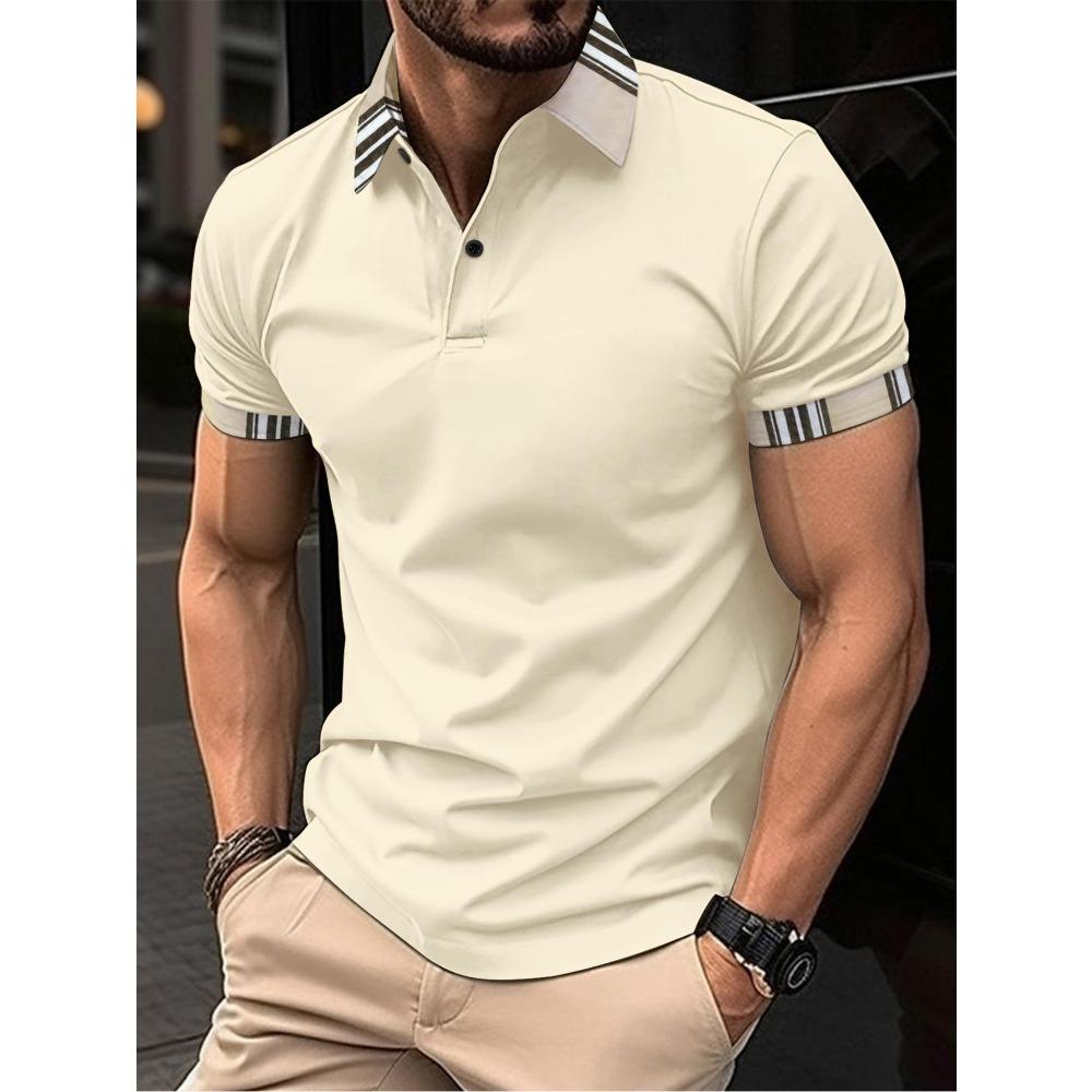 New Men Clothes Summer Short Sleeve Fashion Stripe Collar Polo Shirt Men Business Casual Golf Polo Shirt Tops S бежевый