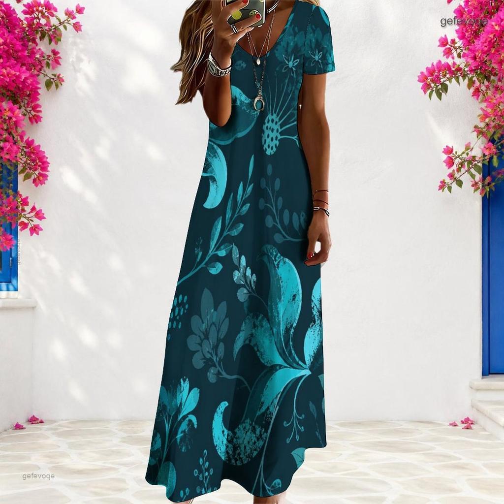 Women Plus Size V Neck Short Sleeve Pink Floral Printed Long Straight Dress