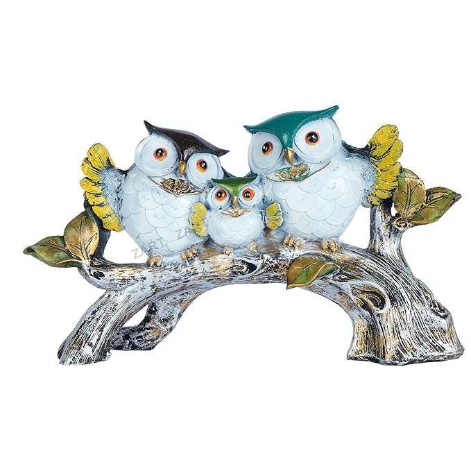 Owl Family Sitting On Tree Decorative Bird Showpieces Statue - Multicolor