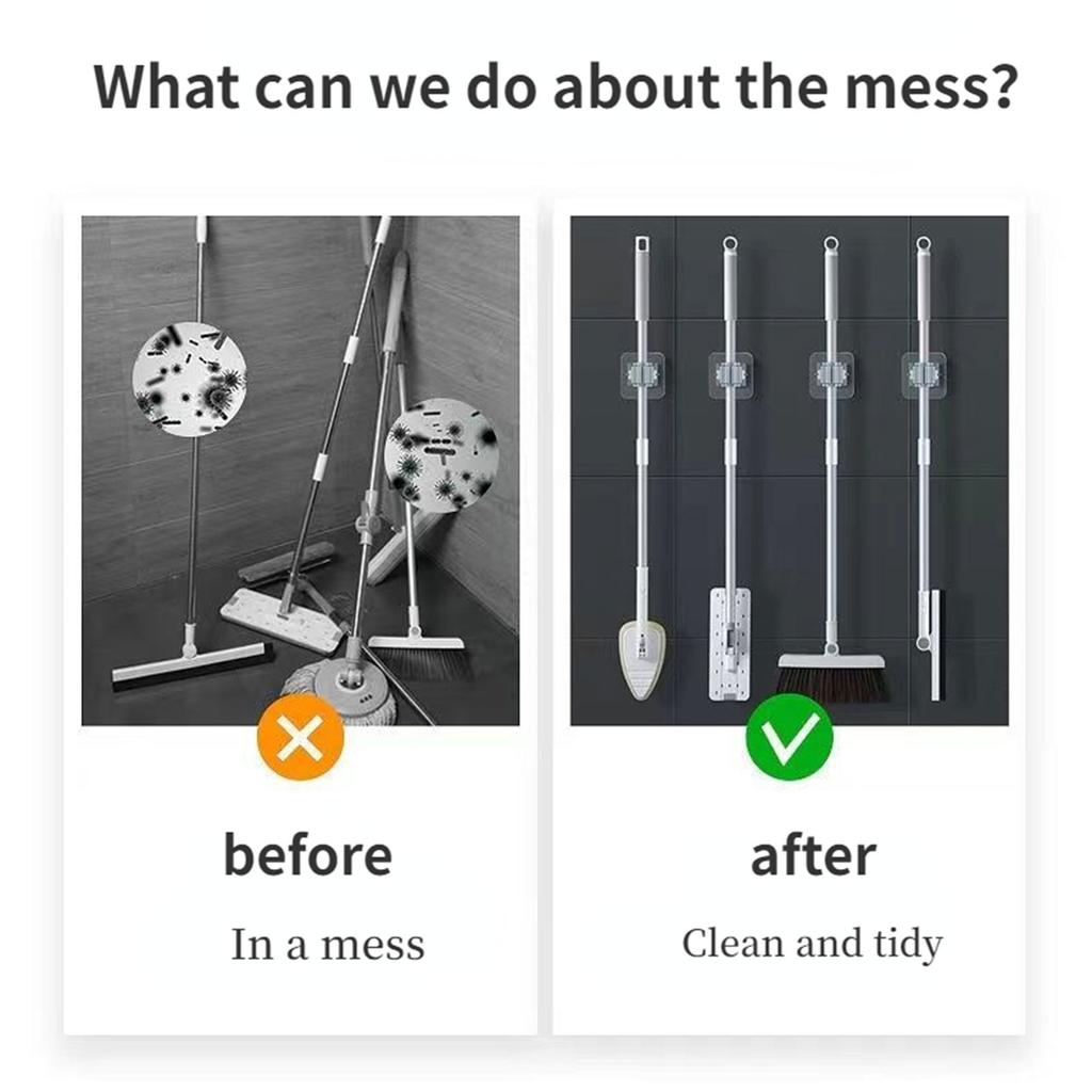 4-Pack Mop and Broom Holder Wall Mount Broom Gripper Holds Self Adhesive No Drilling Broom and Dustpan Hanger for Home