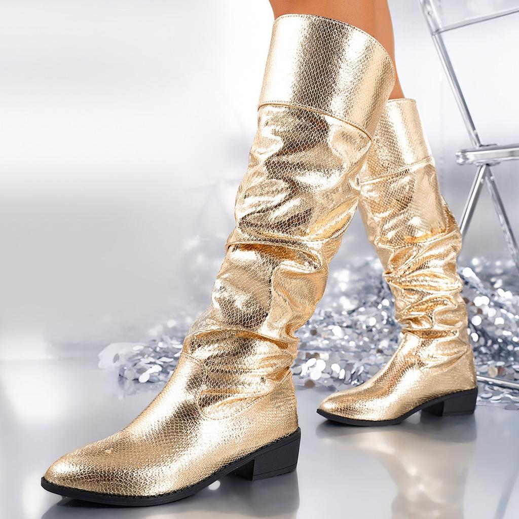 Large Size Gold Bar Rock Women's Boots Autumn and Winter New Stacking Boots But Knee High Leather Boots
