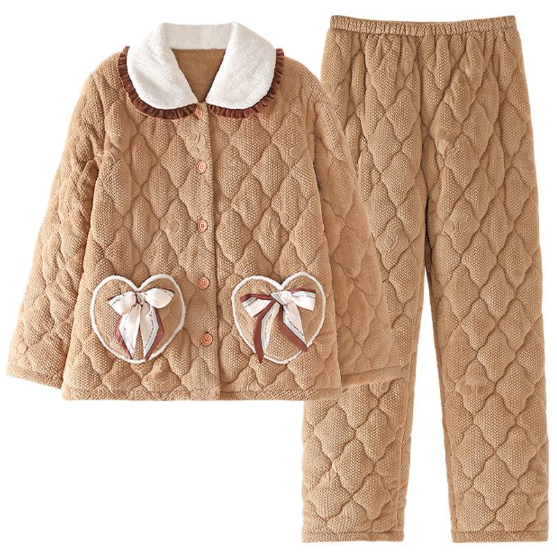 Flannel Pajamas Women'S Winter Fleece Thickened Three-Layer Coral Fleece Padded Cotton Warm Loungewear Set Autumn And Winter