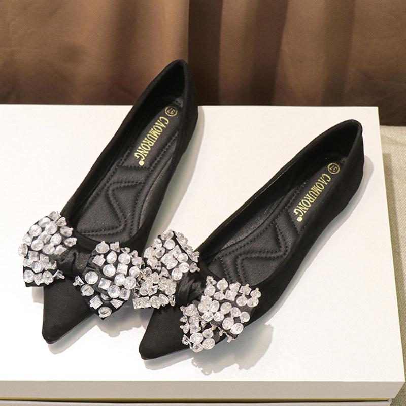 

Мода 2025 Хрустальные туфли-балетки с бантом Женская обувь на мягкой подошве Женские туфли больших размеров 34-42 Балетки Femmes Лоферы с острым носком Офисные туфли 34 чёрный