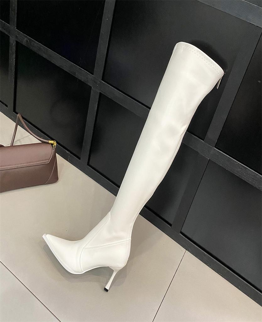 2025 höst nya spetsiga tunna klack europeisk och amerikansk mode högklackade knähöga stövlar