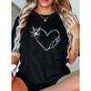 Womens Oversized Black Tee White Heart Floral Print Round Neck Short Sleeve Breathable Machine Washable Spring
