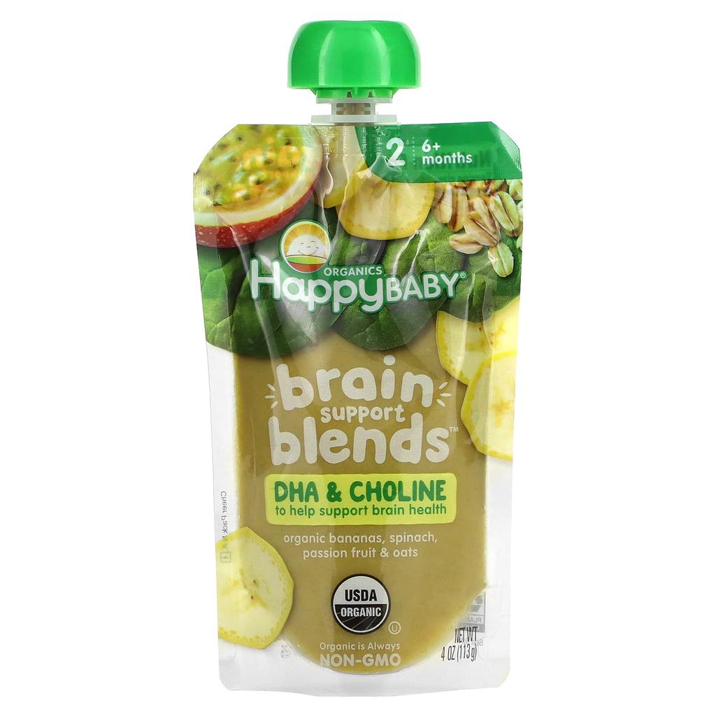 Happy Family Organics Happy Baby, Brain Support Blend, Ages 6 Months and Up, Organic Banana, Spinach, Passionfruit & Oats, 4 Oz (113 G)