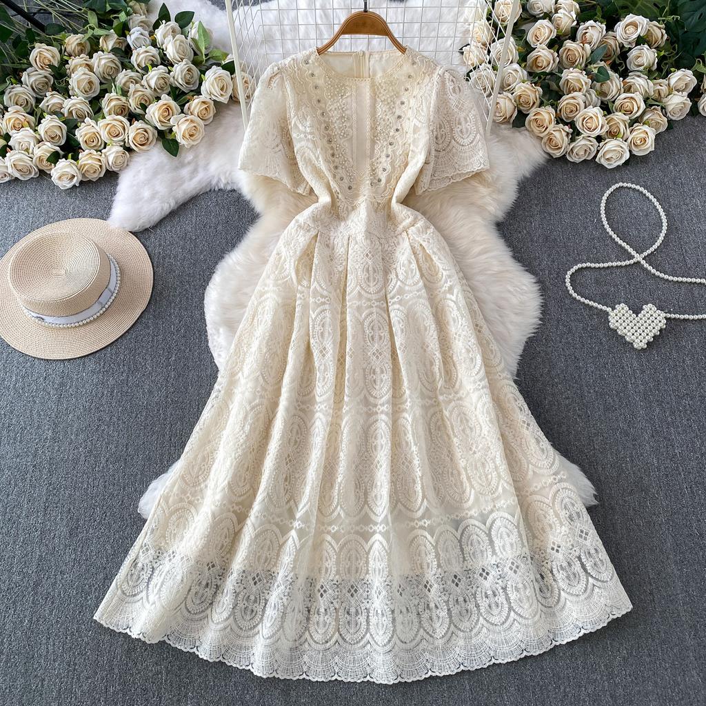 High Quality Runway Design Embroidered Beaded Round-Neck Wedding Dress for Women Summer Lace Crochet Slim Pleated Dress