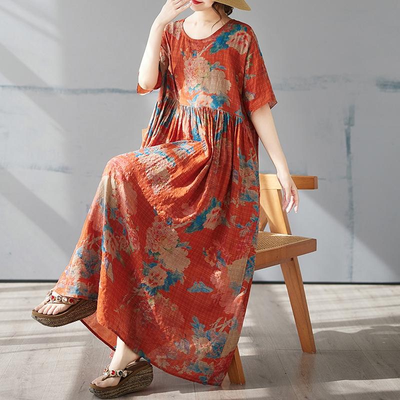 DIMANAF 2025 Summer Plus Size Dress Women Casual Vintage Long Dress Loose Basic Flower Printing Dress
