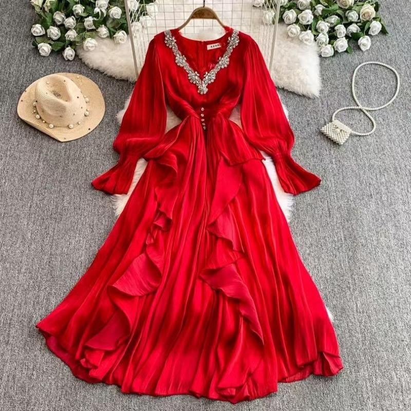 Women's Wear French High-end Elegant Dress Fashion Beaded Diamond V-neck Waist Temperament Court Style Long Dress