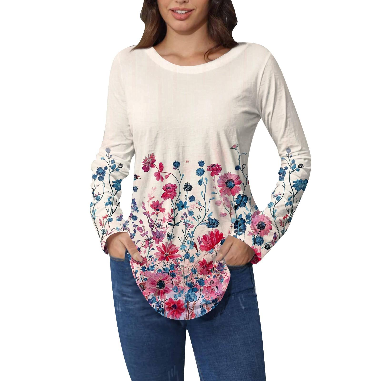 

Рубашки для женщин Милые винтажные узоры с принтом Футболка с длинным рукавом Туника Топы Хлопковые пуловеры M бежевый