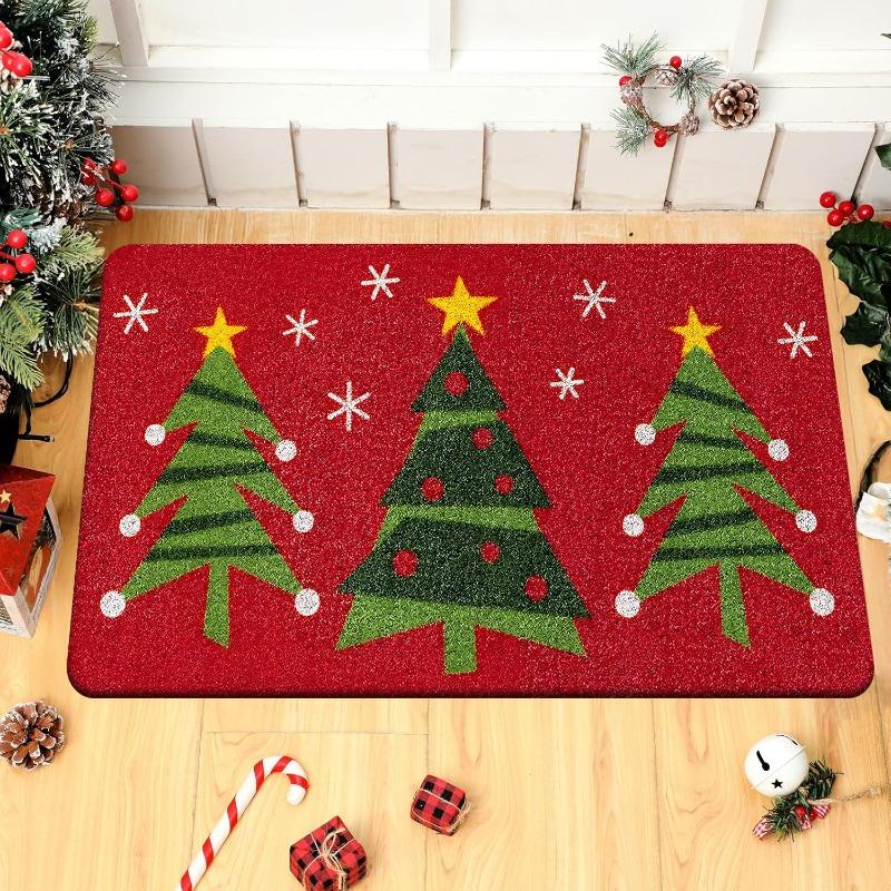 Festive Christmas Doormat Red Background Green Tree, Durable Polyester  Rectangular Mat for Living Room Kitchen Decor 1p40x60x1cm